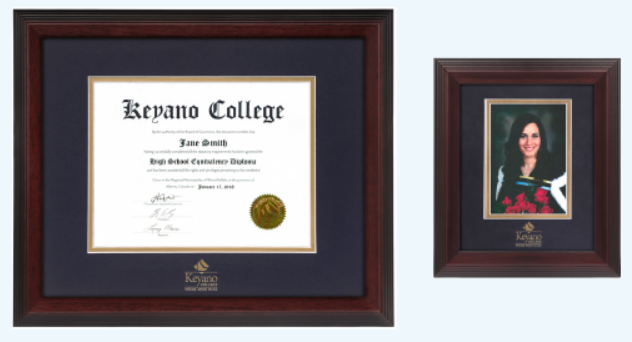 A framed Keyano College degree alongside a framed graduation photo