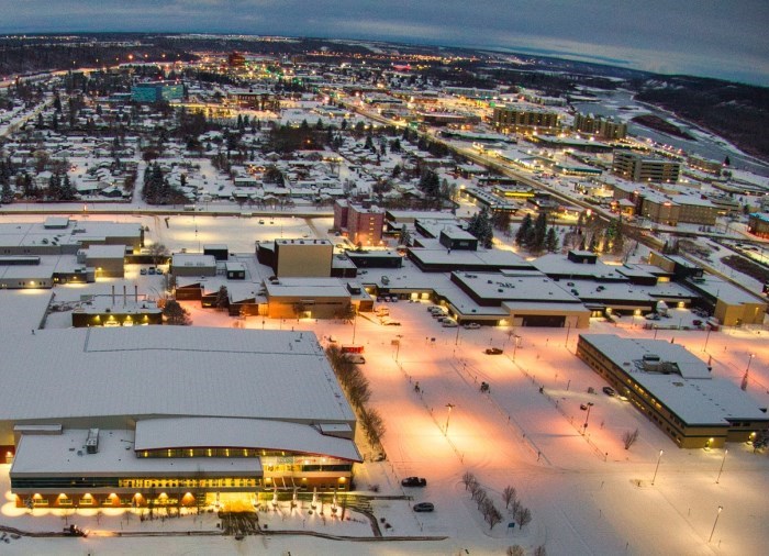 aerial view of Keyano College at night in winter. 