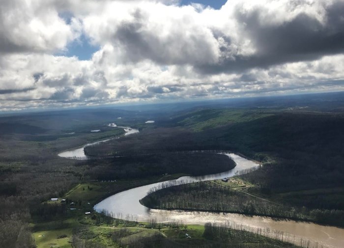 Aerial view of clearwater river and surrounding forest