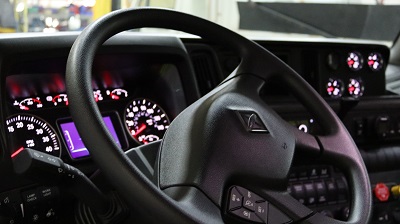 interior dash and steering wheel of driver training truck