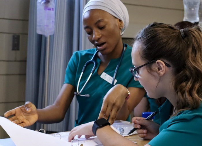 Nursing students looking at a chart