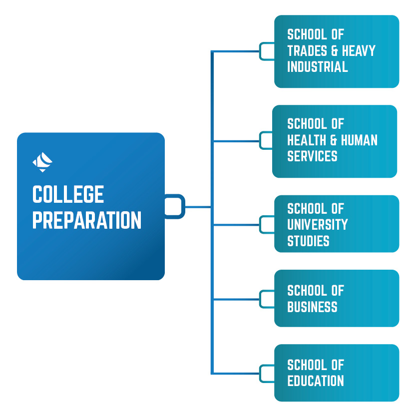 Blue box [College Preparation] line from box  going to 5 teal boxes as options from the large blue box. team box 1 [school of trades & heavy industrial] box 2 [school of health & human services] box 3 [school of university studies] box 4 [school of business] box 5 [school of education]