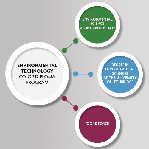 environmental technology coop diploma pathways after graudation: envt science micro credentials, degree at university of lethbridge, or directly to the workforce