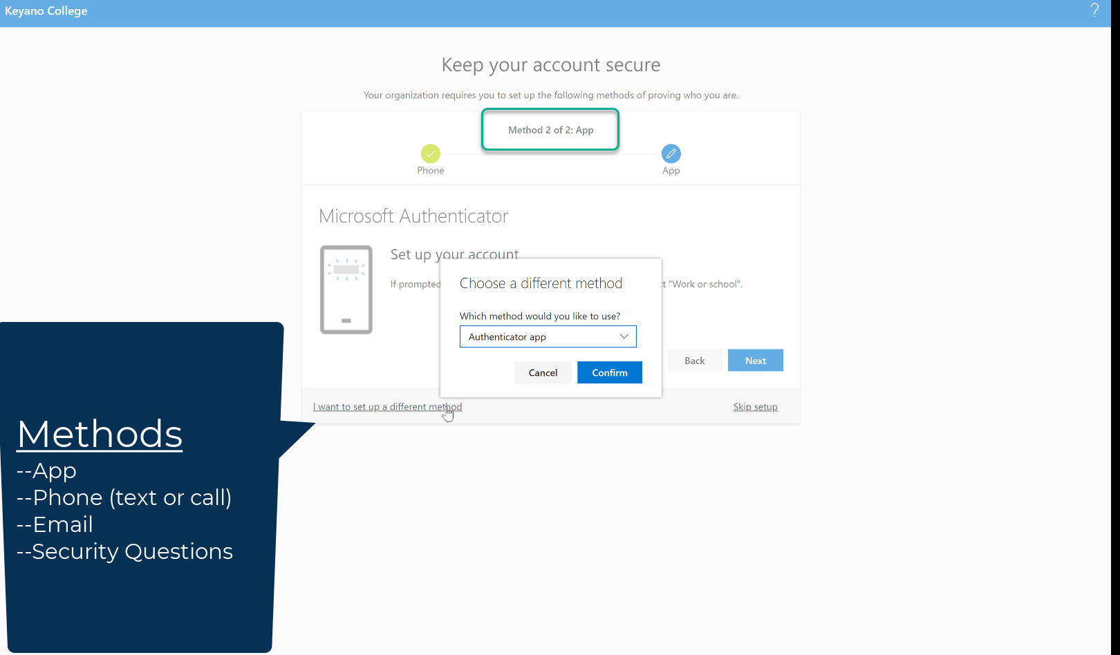 Step 2 of Authentication Method - chose phone/email/security questions