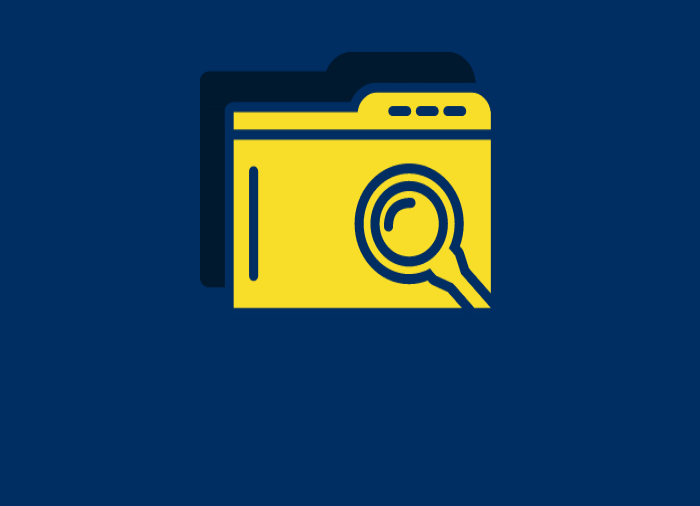 Yellow file folder with a magnifying glass on a dark blue background