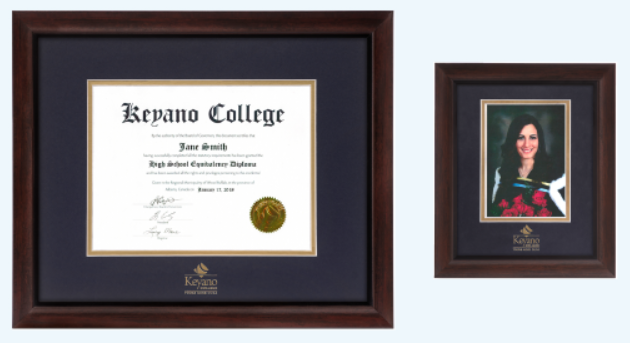 A framed Keyano College degree alongside a framed graduation photo