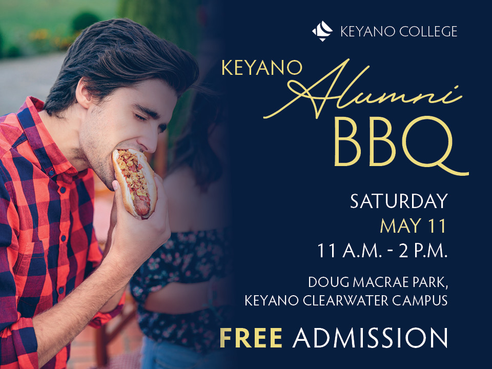 man eating hotdog. [Alumni BBQ, Saturday May 11. 11am-2pm. Doug MacRae park. Free admission]