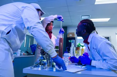 Three students are doing experiments in the chemistry lab