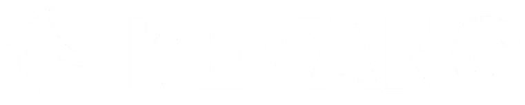 Keyano College primary logo displayed in white, featuring the Keyano icon to the left of the word "KEYANO" on a transparent background.